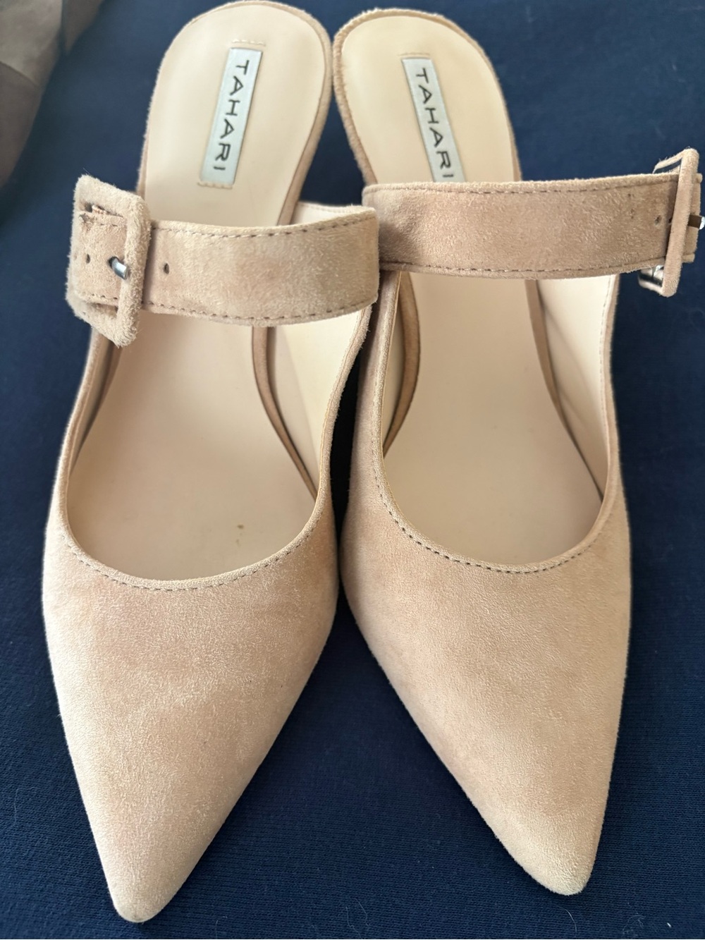 Tahari Beige Suede Pointed-Toe Buckle Mules